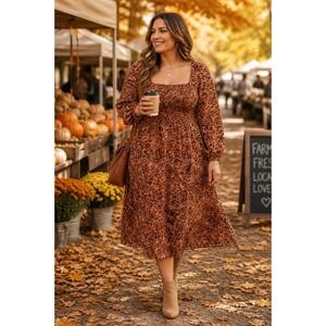 BeachLunchLounge Animal Print Smocked Midi Dress Chiffon Long Sleeve XXL